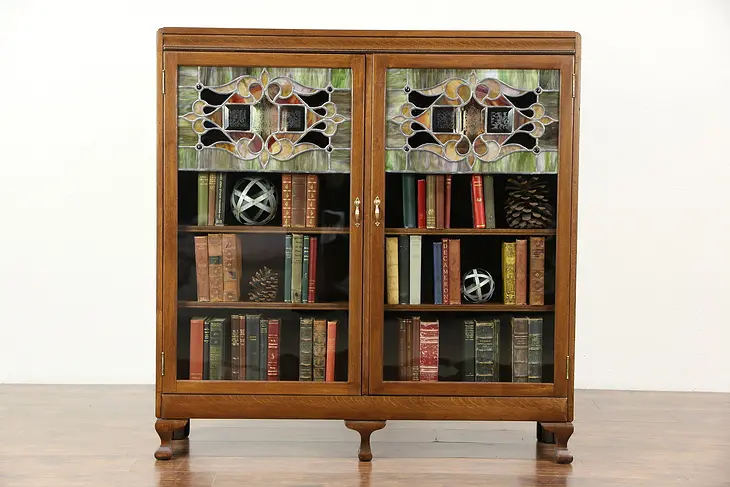 Oak 1900 Antique Bookcase, Leaded Stained Glass Doors