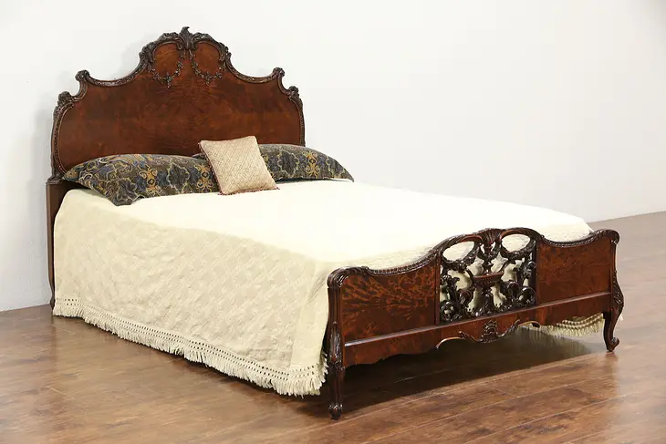 French Style Carved 1920's Antique Full Size Bed, Walnut Burl