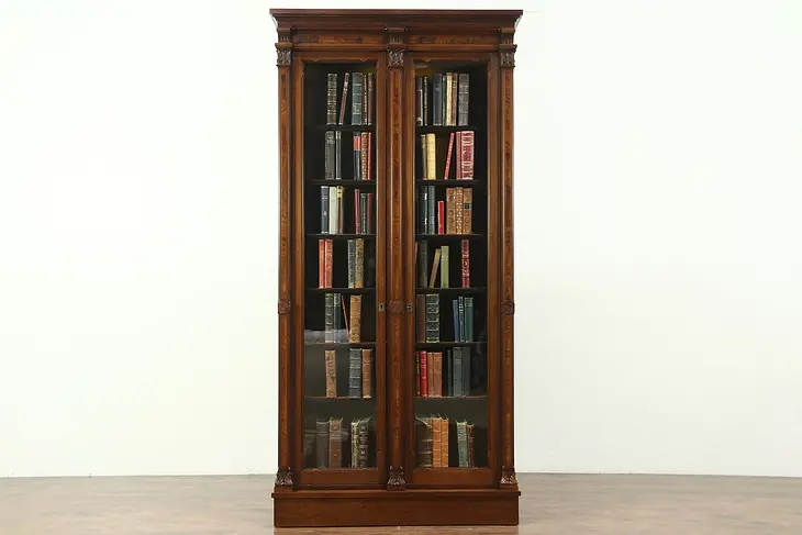 Victorian Antique 1870 Walnut & Burl 7' Tall Library Bookcase, Hand Carved