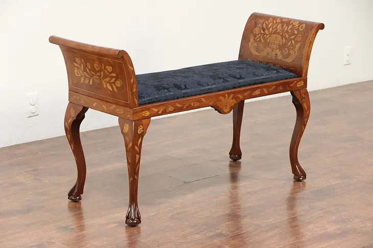 Dutch Inlaid Marquetry Antique Carved Bench, New Upholstery #29635