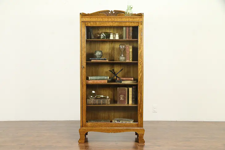 Oak Antique Bookcase, Bath or Display Cabinet, Wavy Glass Door #31877