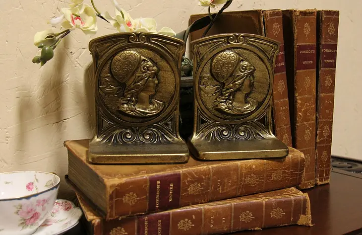 Pair of Antique Gold Plated Iron Classical Roman Bookends