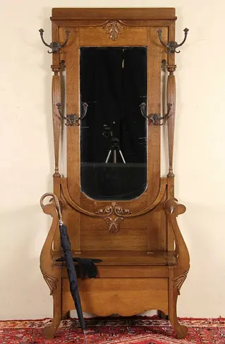 Oak 1900 Antique Hall Seat or Bench, Beveled Mirror & Lion Hooks