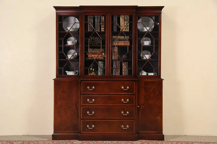 Beacon Hill Vintage Georgian Style Breakfront Bookcase China Cabinet & Desk