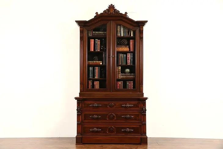 Victorian 1870 Antique Carved Walnut Library Bookcase, Secret Drawer