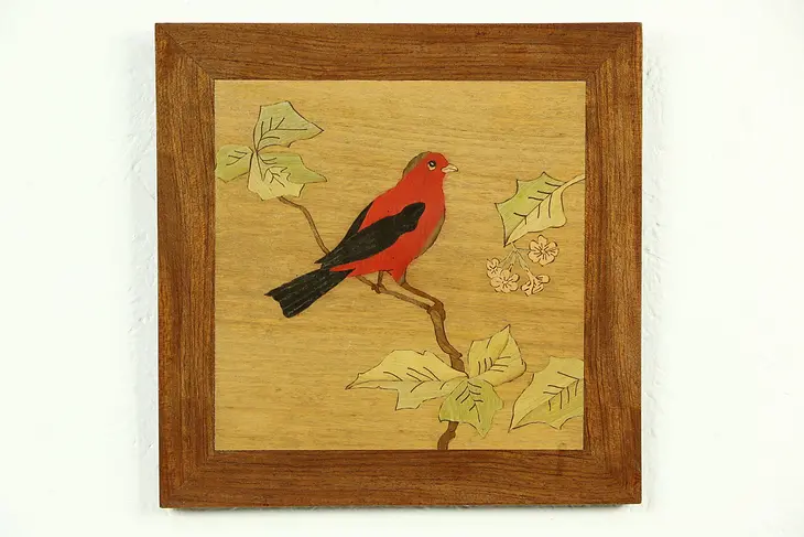 Scarlet Tanager Bird Plaque, 1940's Vintage Inlaid Marquetry, Kochton Chicago