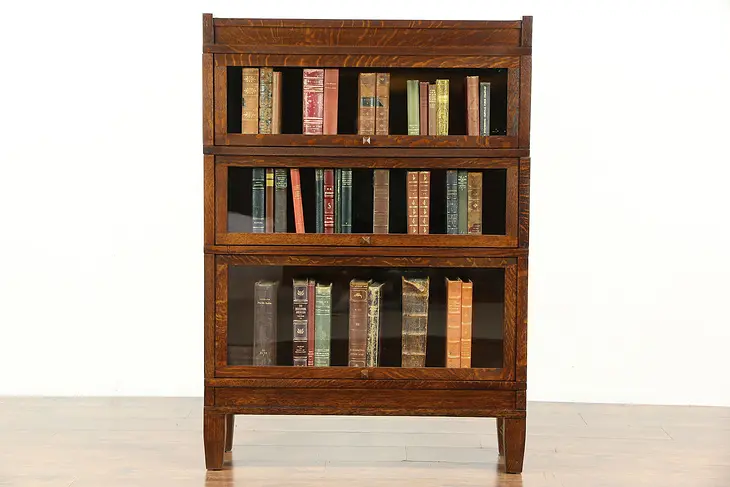 Arts & Crafts Mission Oak Antique Stacking 3 Section Lawyer Bookcase, Globe