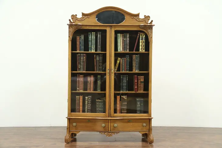 Victorian Oak 1900 Antique Carved Library Bookcase, Wavy Glass Doors