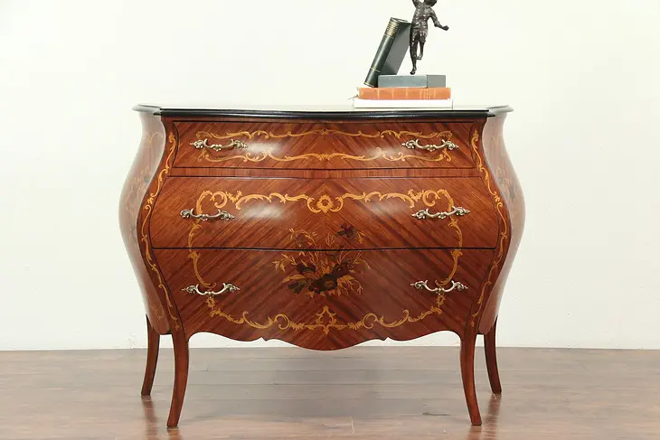 Bombe Shaped Vintage Chest or Dresser, Rosewood & Marquetry, Italy  #29031
