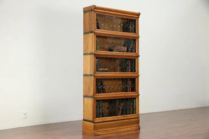 Lawyer Antique Oak 5 Stack Bookcase, Leaded Beveled Glass Door, Wernicke #29949