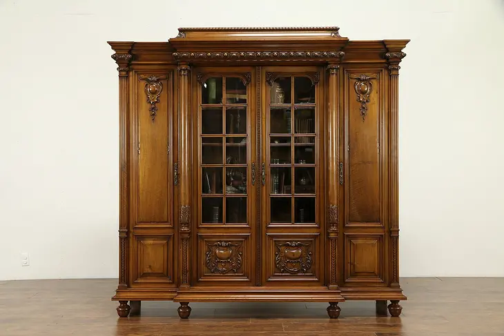French Antique Carved Walnut 4 Door Library Bookcase, Secret Compartment #31358