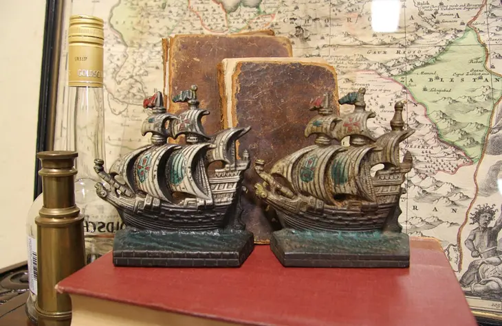 Pair of Antique Iron Painted Clipper Ship Bookends