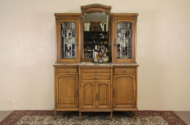 French Antique 1910 Oak China Cabinet, Back Bar or Server, Leaded Glass