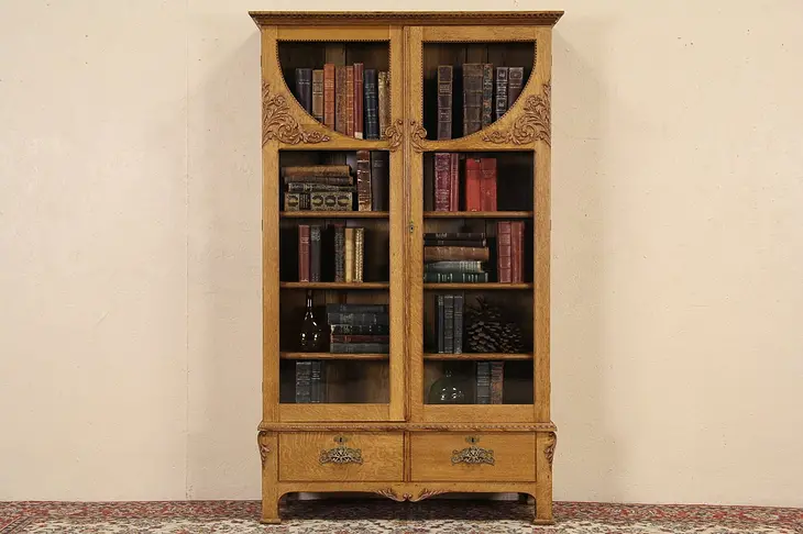 Victorian 1900 Antique Carved Oak Bookcase, Original Wavy Glass