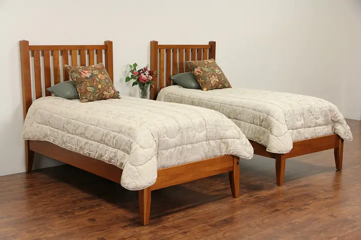 Pair of Hand Crafted Cherry Arts & Crafts Twin Beds, Signed GAT Creek, West Va