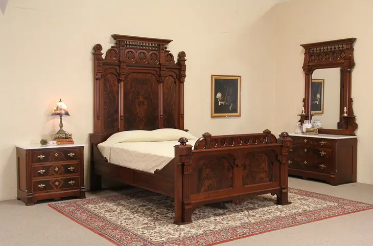 Victorian Queen Size 3 Pc. Antique 1880 Walnut Bedroom Set