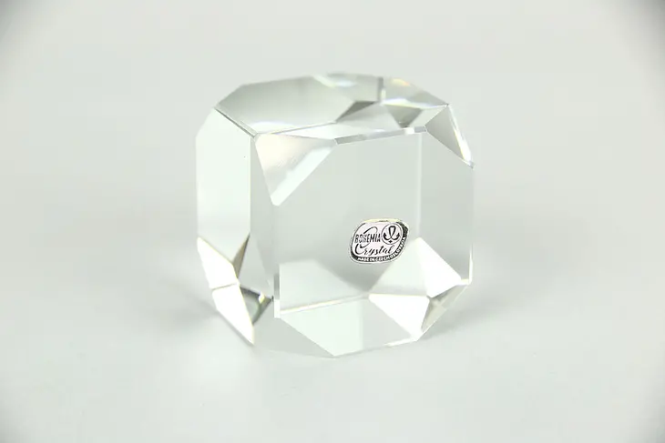 Cube with Cut Corners Shape Crystal Paperweight, Signed Bohemia, Czech