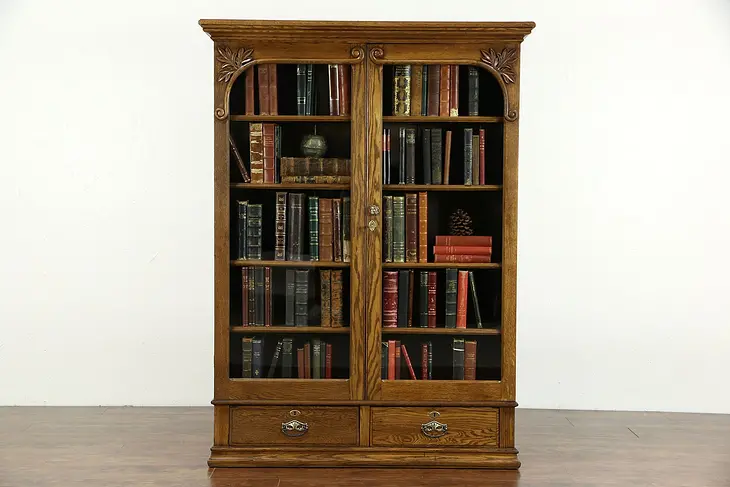 Oak Carved Victorian 1900 Antique Library Bookcase, 2 Glass Doors