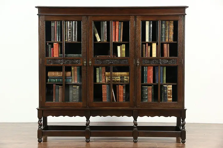 English Tudor 1915 Antique Carved Oak Triple Library Bookcase, Spiral Legs