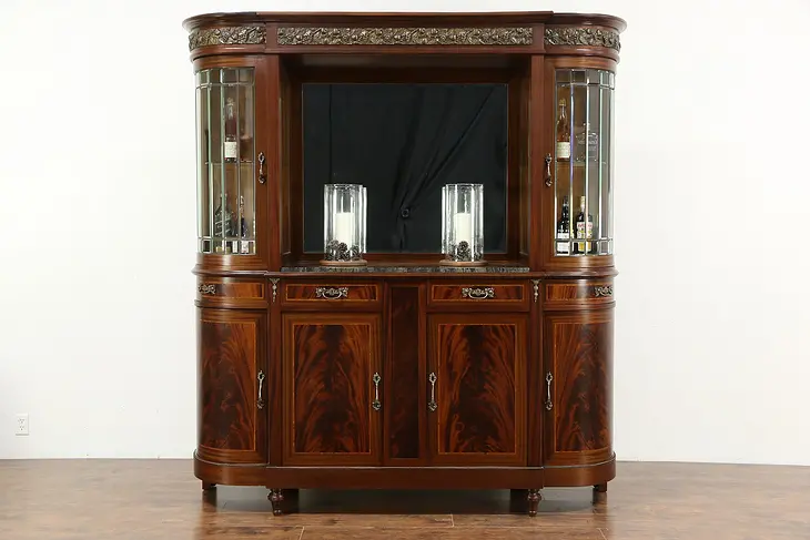 Back Bar China Cabinet & Sideboard, Marble, Bronze Grapes & Leaded Glass, Italy