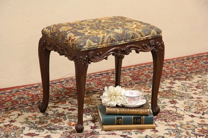 Carved Antique 1910 French Bench or Stool, Newly Upholstered