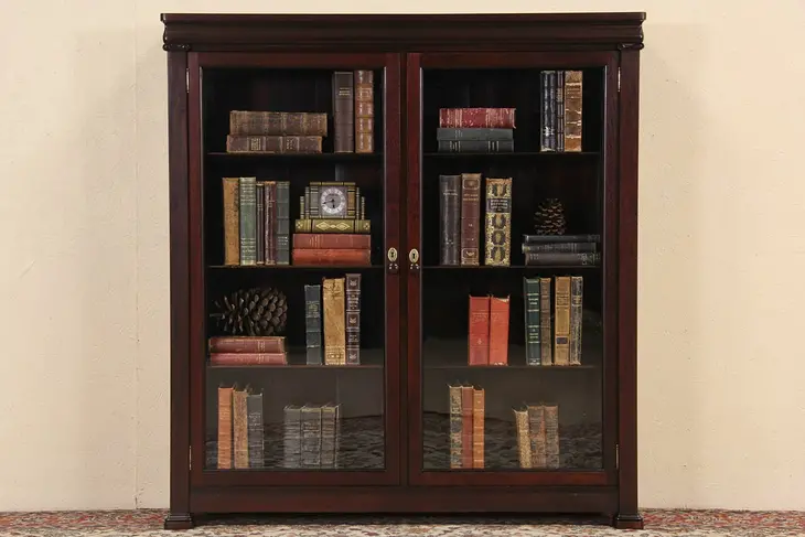 Mahogany 1900 Antique Bookcase, Glass Doors, Adjustable Shelves