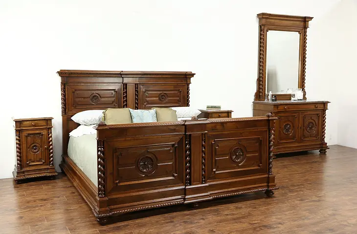 Classical Italian Antique Carved Walnut King Size 4 Pc Bedroom Set, Marble Tops