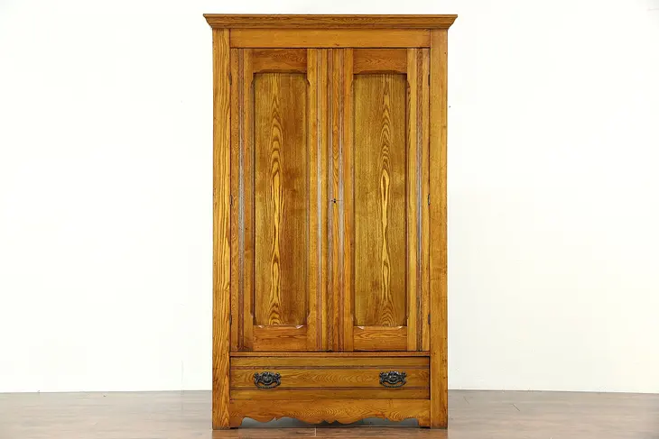 Victorian Eastlake 1890 Antique Oak & Ash Armoire, Wardrobe or Closet
