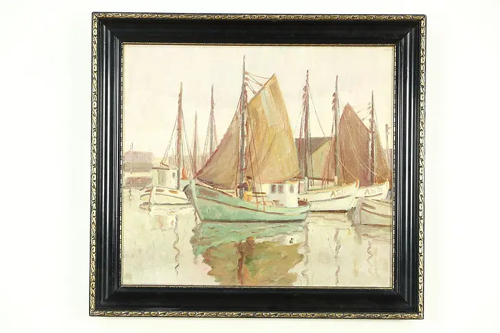 Sailboats at Harbor Scene, Antique 1900's Original Oil Painting, Signed