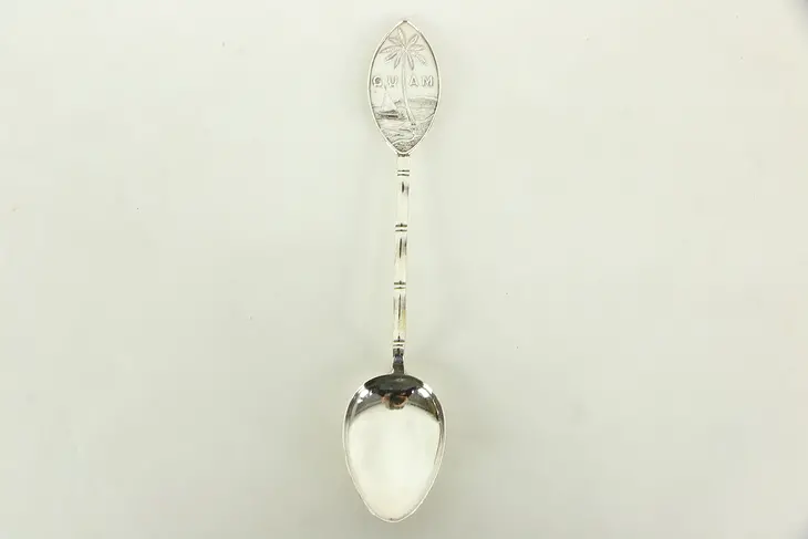 Guam Souvenir Spoon with Palm Tree & Sailboat, Signed SAH Silver