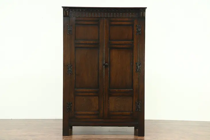 Oak English Tudor 1925 Antique Armoire, Closet or Wardrobe
