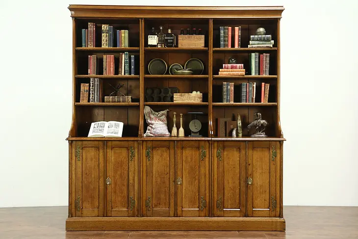 Victorian Oak Antique Triple Library Bookcase, Adjustable Shelves England #28860