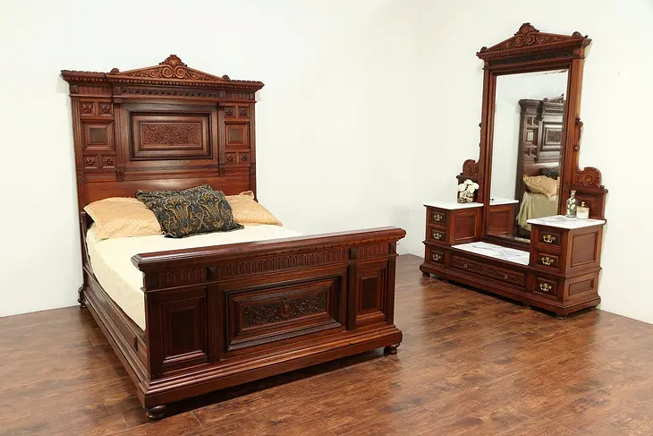 Victorian Antique Mahogany Near Queen Size 2 Pc Marble Top Bedroom Set #29244