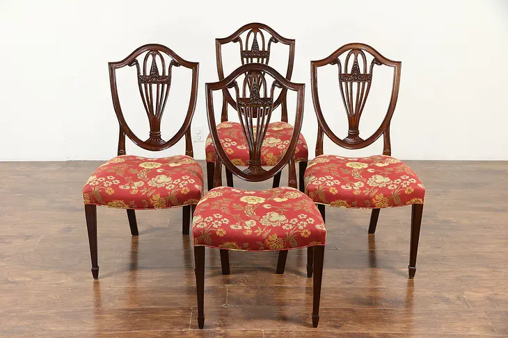 Set of 4 Shield Back Mahogany Dining Chairs, All Original, Signed Baker  #30219