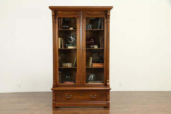 Victorian Antique Walnut Library Bookcase, Wavy Glass, Carved Tassels #31608