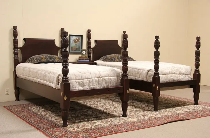 Pair 1835 Carved Antique Beds, adapted to Twin Extra Long