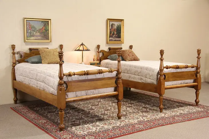 Pair of Empire 1840's Antique Twin Maple Poster Beds