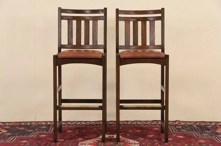 Pair of Arts & Crafts Mission Oak Style Vintage Barstools, Leather Stool Seats