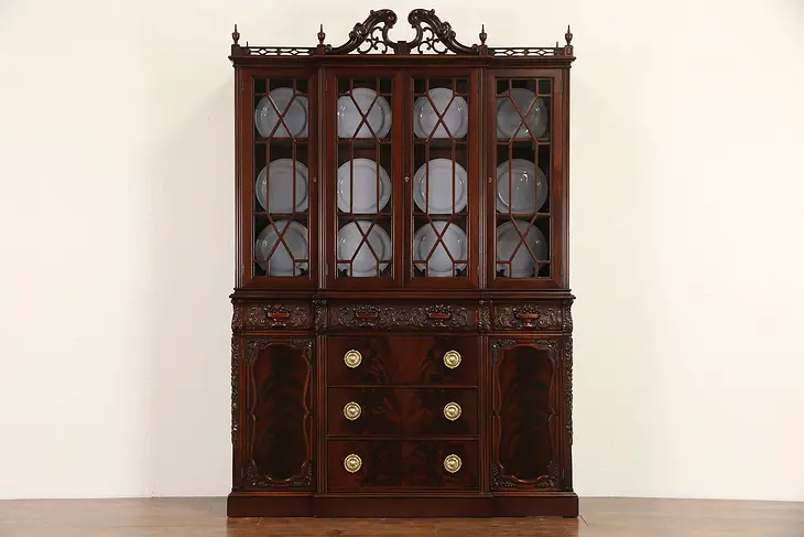 Georgian Carved 1950's Vintage Mahogany Breakfront China Cabinet or Bookcase