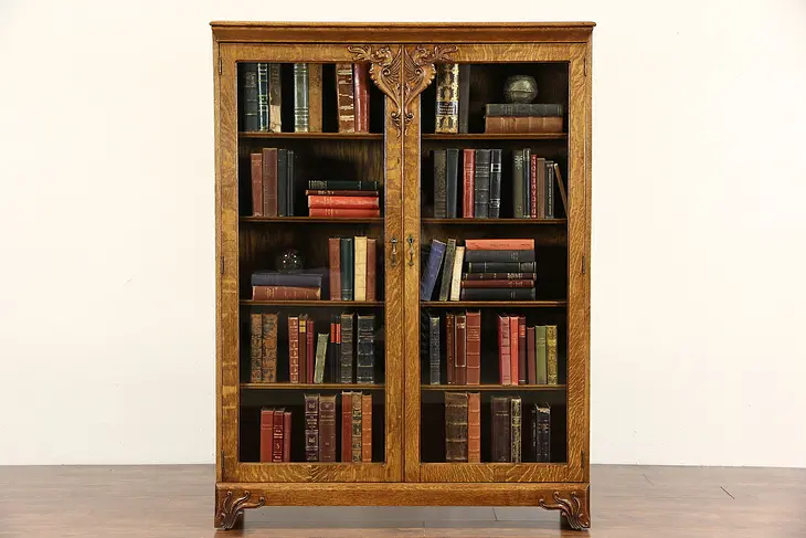 Oak 1900 Library Bookcase, Carved Gargoyles, Adjustable Shelves