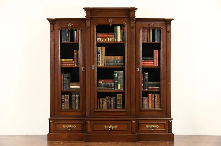 Victorian 1880 Antique Walnut Triple Library Bookcase, Adjustable Shelves