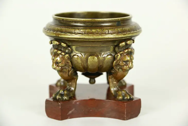 French Bronze 1900 Antique Urn, Lions & Red Marble Base