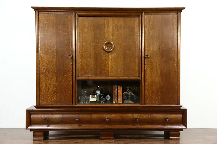 Art Deco Oak Antique Scandinavian 1920 Library Bookcase Cabinet, Bar & Armoire