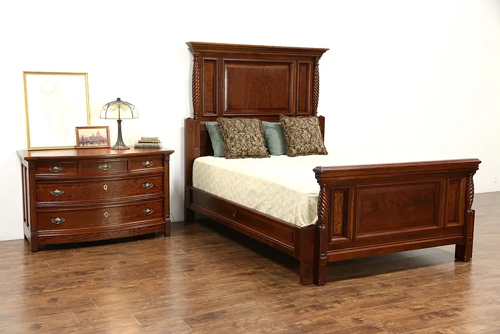 Queen Size 2 Pc. Carved Cherry & Mahogany 1890 Antique Bedroom Set