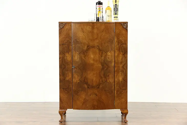 Italian Olive Burl 1920 Antique Hall Console, Music or Bar Cabinet