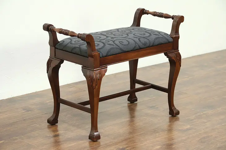 Carved 1920 Antique Carved Bench with Arms, New Upholstery