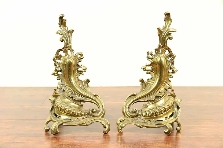 Pair of Brass Antique French Rococo Design Fireplace Andirons #29231