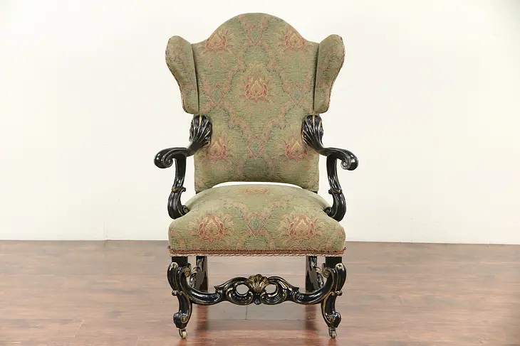Carved Oak Antique French Wing Chair, Recent Tapestry Upholstery #29628