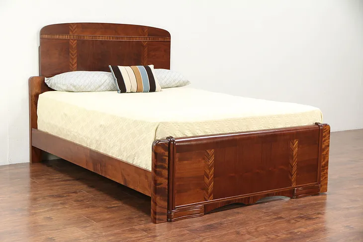 Art Deco Vintage 1930's Queen Size Bed, Rosewood, Walnut & Burl #29689