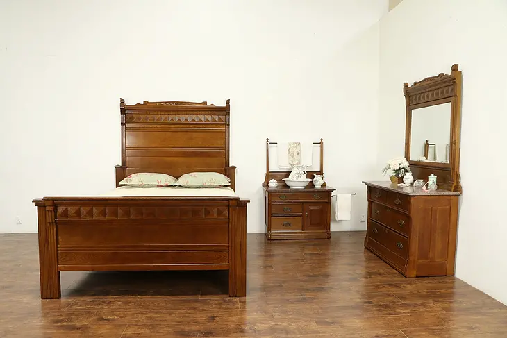 Victorian Antique Oak 3 Pc Bedroom Set, Queen Size Bed #30824